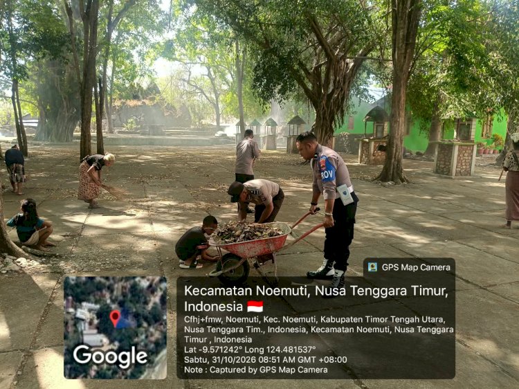 Perkuat Sinergitas Lintas Elemen, Polsek Noemuti Tunjukkan Kepedulian Melalui Kerja Bakti di Gereja